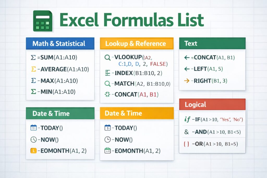 Excel formulas list: 50+ Essential Excel Functions Explained for Every Skill Level Excel formulas list